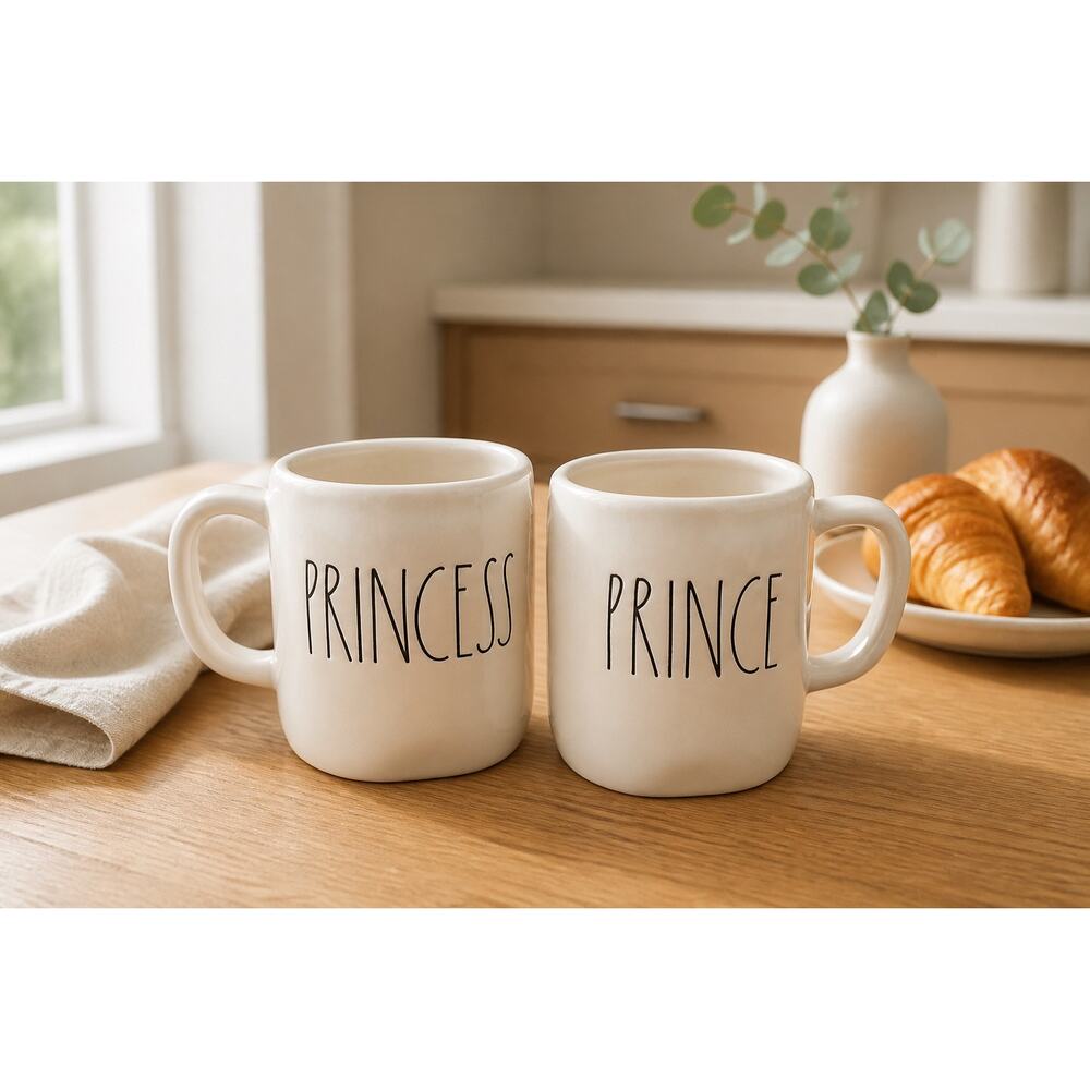 Rae Dunn Artisan Collection -Prince & Princess Farmhouse Mug Set of 2, White